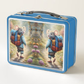 Niedlicher Mäuse auf dem Weg zur Schule Metall Brotdose (Vorderseite)