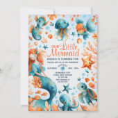 Niedlicher Meerjungfrau Seewasserfarbe Kindergebur Einladung (Vorderseite)