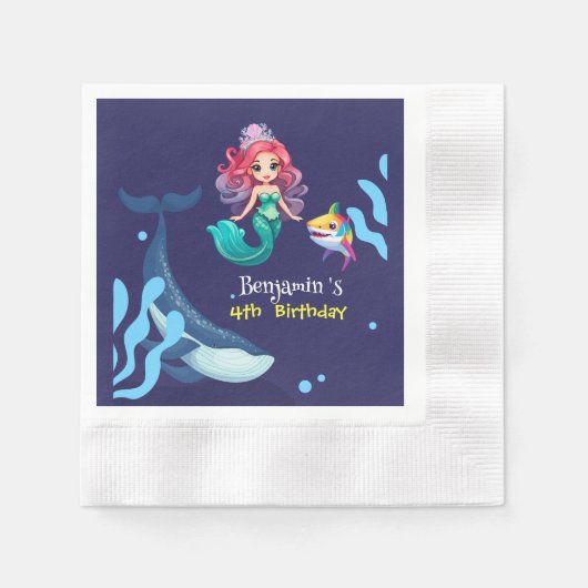 Niedlicher Mermaid-Hai Whale Regenbogen bunt Gebur Serviette (Vorderseite)