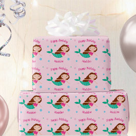 Niedlicher Mermaid Pink Personalisiert Geburtstag Geschenkpapier