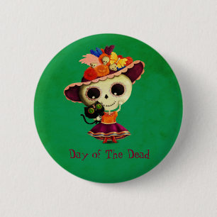 Niedlicher mexikanischer Tag des toten Mädchens Button