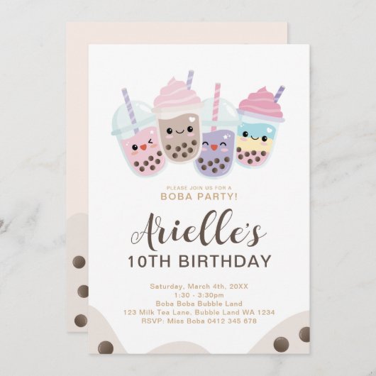 Niedlicher Minimalistischer Boba Blase Milk Tee Einladung (Vorne/Hinten)