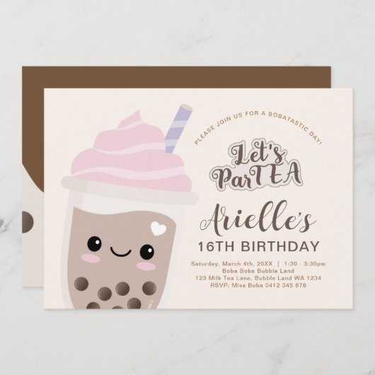 Niedlicher Minimalistischer Boba Bubble Tee Geburt Einladung (Vorne/Hinten)