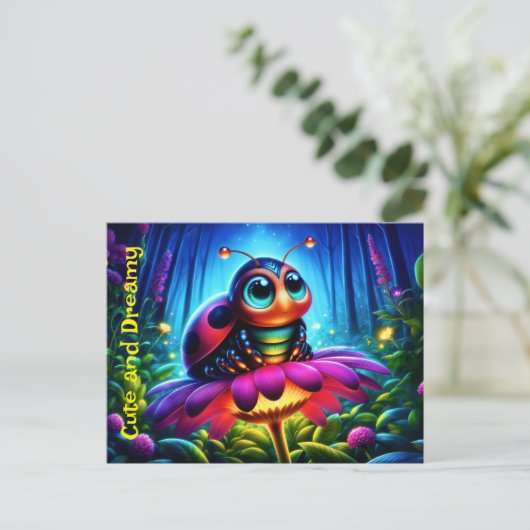 Niedlicher, mit Augen Ladybug mit einem mystischen Postkarte (Stehend Vorderseite)