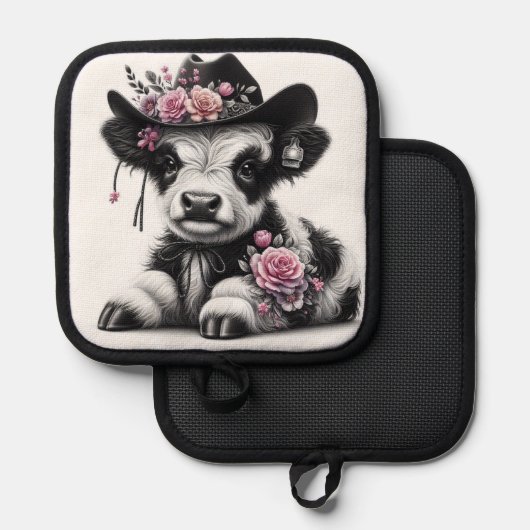 Niedlicher mit Blume verzierter Kälberhut Topflappen (Vorderseite/Rückseite)