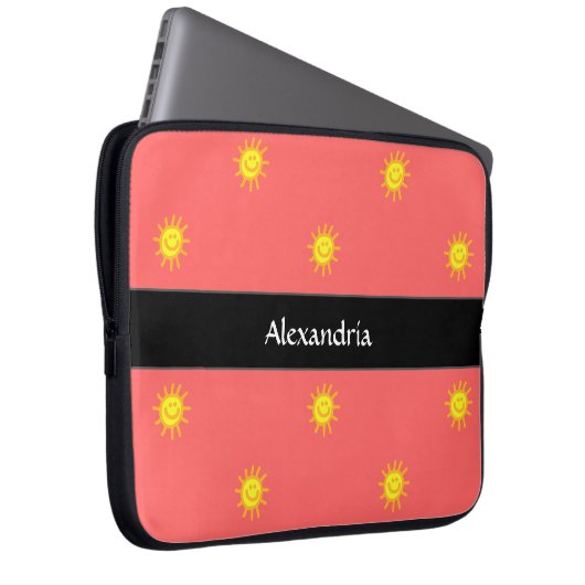 Niedlicher Mit Monogramm Name Happy Face Sun Coral Laptopschutzhülle (Vorne Rechts)