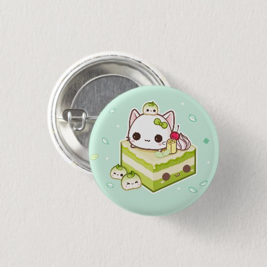 Niedlicher mochi Kitty mit kawaii Kuchen grünen Button (Vorne & Hinten)