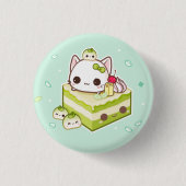 Niedlicher mochi Kitty mit kawaii Kuchen grünen Button (Vorderseite)