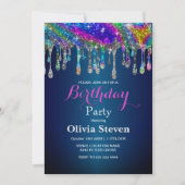 Niedlicher moderner Blue Glitzer Tropfen monogramm Einladung (Vorderseite)