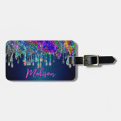 Niedlicher moderner Blue Glitzer Tropfen monogramm Gepäckanhänger (Vorderseite horizontal)