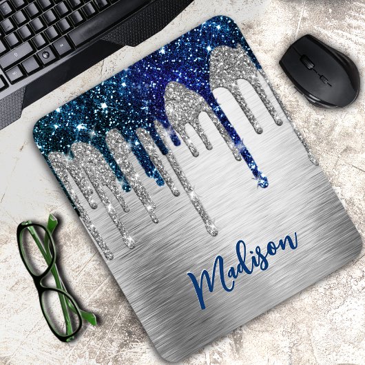 Niedlicher moderner Blue Glitzer Tropfen monogramm Mousepad