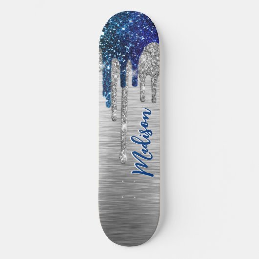 Niedlicher moderner Blue Glitzer Tropfen monogramm Skateboard (Vorderseite)