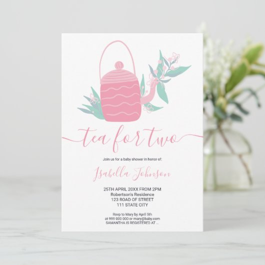 Niedlicher, moderner rosa Blumentee für zwei Babyd Einladung (Stehend Vorderseite)