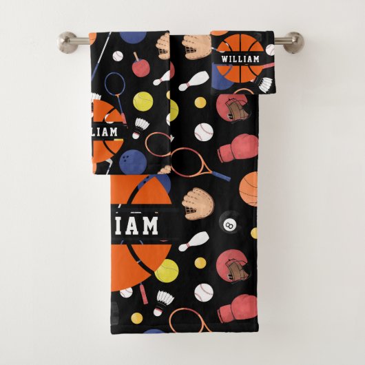 Niedlicher moderner Sportmeister Custom Kids Black Badhandtuch Set (Insitu)