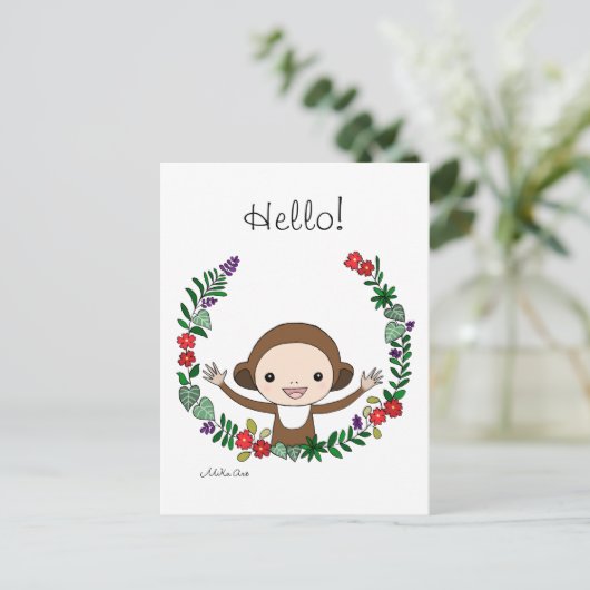 Niedlicher Monkey Hello Postcard Affe mit Blume Ar Postkarte (Stehend Vorderseite)