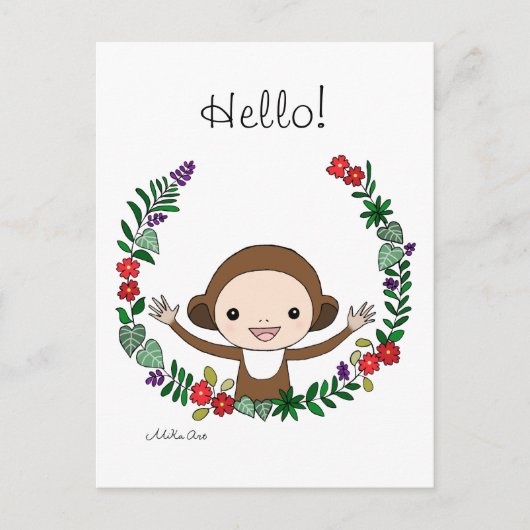 Niedlicher Monkey Hello Postcard Affe mit Blume Ar Postkarte (Vorderseite)