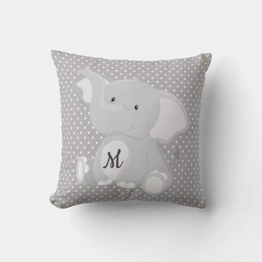 Niedlicher Monogram Elephant Grey and White Polka Kissen (Vorderseite)