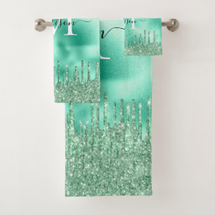 Niedlicher monogram Metallic Minze Green Dripping Badhandtuch Set