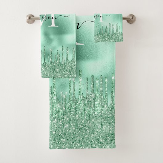 Niedlicher monogram Metallic Minze Green Dripping Badhandtuch Set (Insitu)