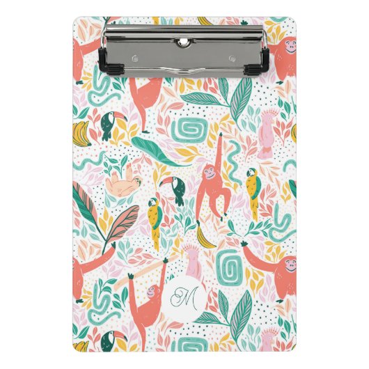 Niedlicher Monogramm farbiger Happy Jungle Mini Klemmbrett (Vorderseite)