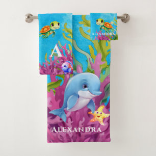 Niedlicher Monogramm Name Küstenschildkröte-Dolphi Badhandtuch Set