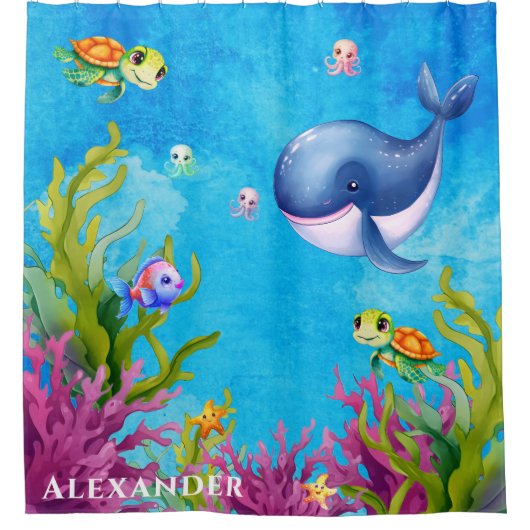 Niedlicher Monogramm Name Küstenschildkrötenwal Duschvorhang (Vorderseite)