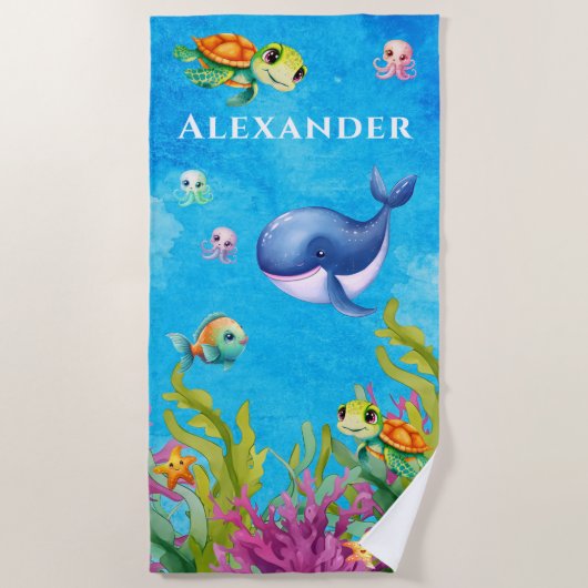 Niedlicher Monogramm Name Küstenschildkrötenwal Strandtuch (Vorderseite)