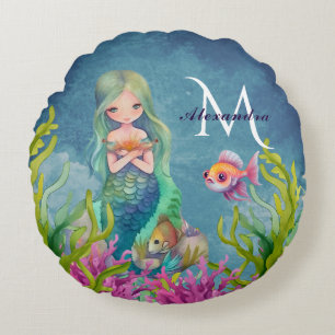 Niedlicher Monogramm Name Mermaid Rundes Kissen