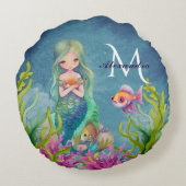 Niedlicher Monogramm Name Mermaid Rundes Kissen (Rückseite)