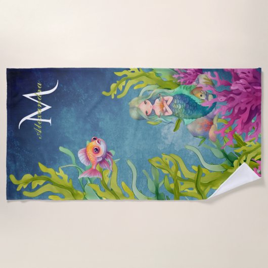 Niedlicher Monogramm Name Mermaid Strandtuch (Vorderseite)