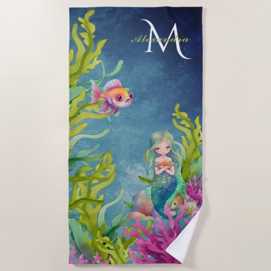 Niedlicher Monogramm Name Mermaid Strandtuch (Vorderseite)
