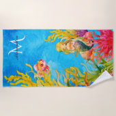 Niedlicher Monogramm Name Mermaid Strandtuch (Vorderseite)