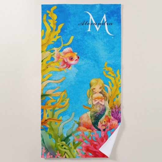 Niedlicher Monogramm Name Mermaid Strandtuch (Vorderseite)