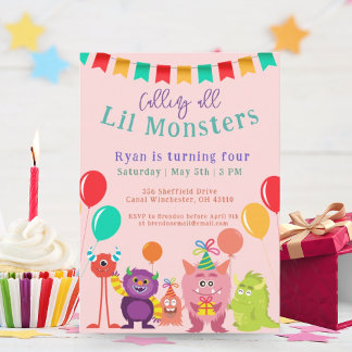 Niedlicher Monster Cartoon Pink Geburtstagsparty Einladung