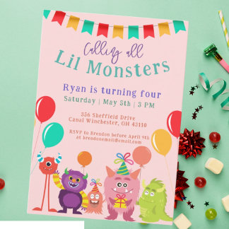 Niedlicher Monster Cartoon Pink Geburtstagsparty Einladung