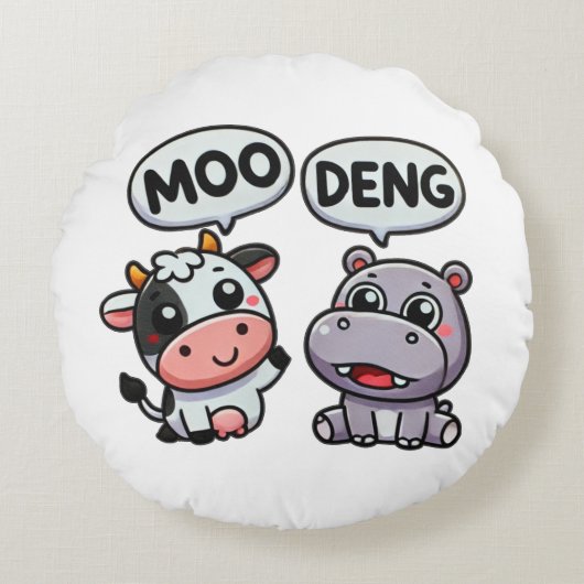 Niedlicher Moo Deng & Cow Spaß Rundes Kissen (Vorderseite)