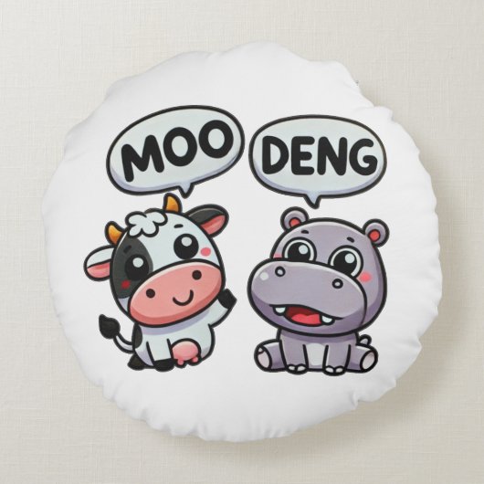 Niedlicher Moo Deng & Cow Spaß Rundes Kissen (Rückseite)