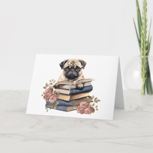 Niedlicher Mops Dog Lesen Bücher Hallo Denken Sie Karte (Vorderseite)