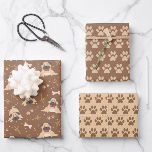 Niedlicher Mops Dog Paws Wrapping Paper Set 3 Geschenkpapier Set (Vorderseite)