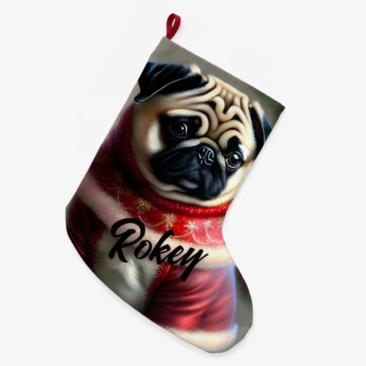 Niedlicher Mops Großer Weihnachtsstrumpf (Vorderansicht (hängend))