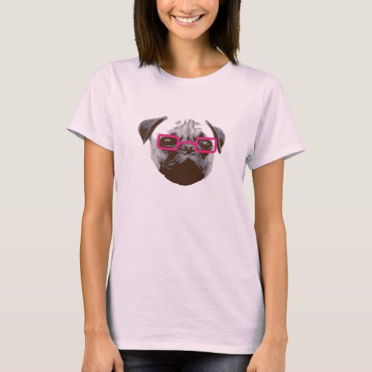 Niedlicher Mops-Hipster mit rosa Gläsern T-Shirt (Vorderseite)