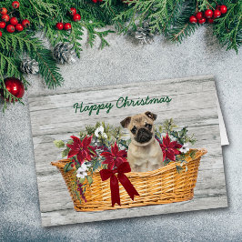 Niedlicher Mops Hund im Korb Weihnachtskarte