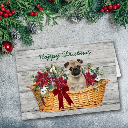 Niedlicher Mops Hund im Korb Weihnachtskarte