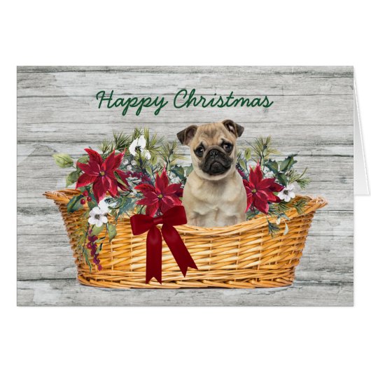 Niedlicher Mops Hund im Korb Weihnachtskarte (Vorderseite (Horizontal))