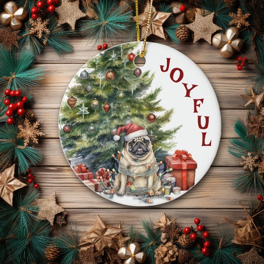Niedlicher Mops Hund in Weihnachtsbeleuchtung umma Keramik Ornament