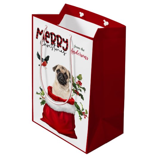 Niedlicher Mops Hund Weihnachten Mittlere Geschenktüte (Rückseite Schrägansicht)
