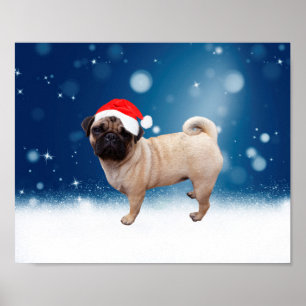 Niedlicher Mops Hund Weihnachten Weihnachtsmannmüt Poster