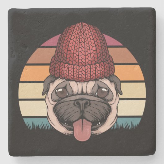 Niedlicher Mops im Winter Hat Retro Design Steinuntersetzer (Vorderseite)