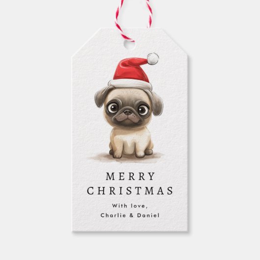 Niedlicher Mops in Weihnachtsmannmütze Illustratio Geschenkanhänger (Vorderseite)