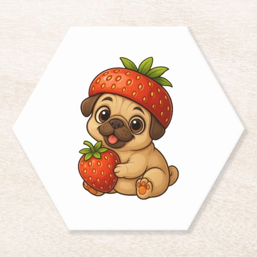 Niedlicher Mops mit Erdbeeren Fruchtiger Cartoon Untersetzer (Vorderseite)